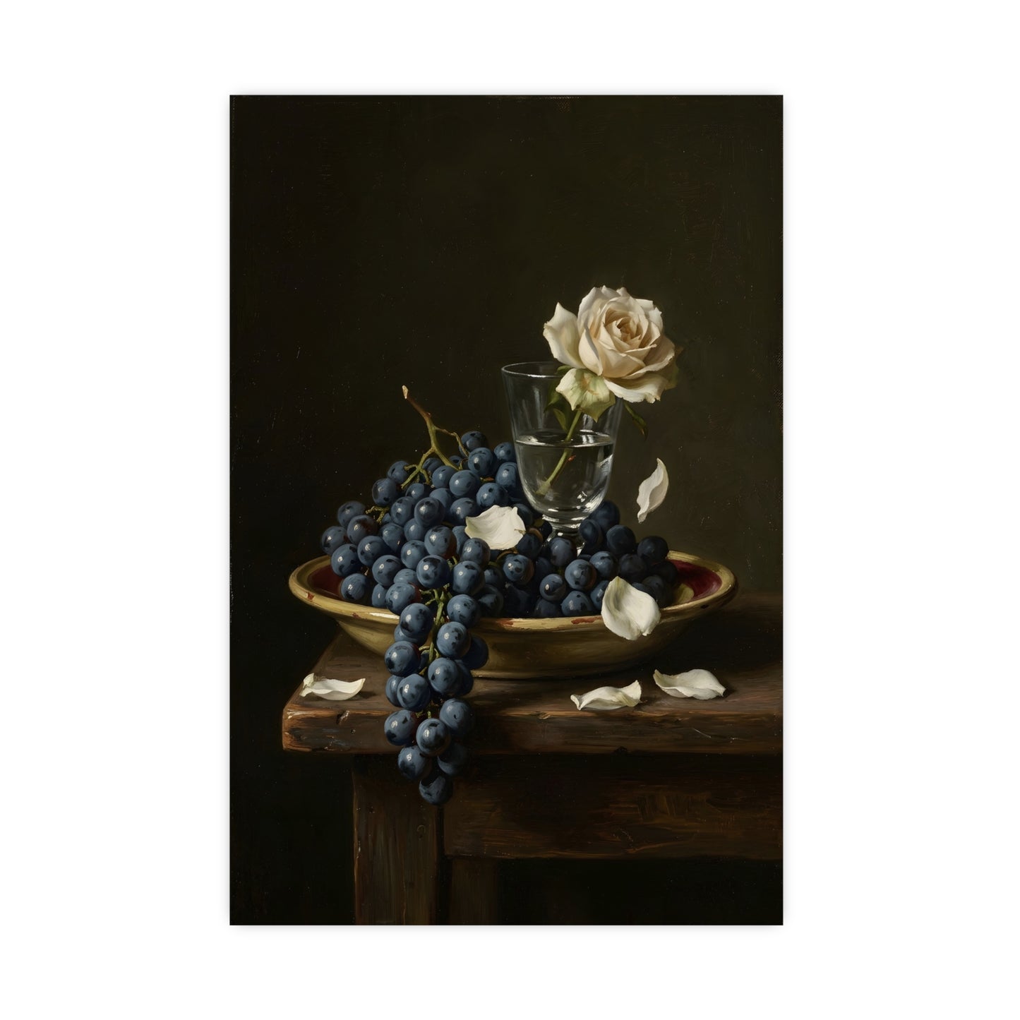 Grapes and a White Rose on a living room wall beside a tall vase, 18x24 in print