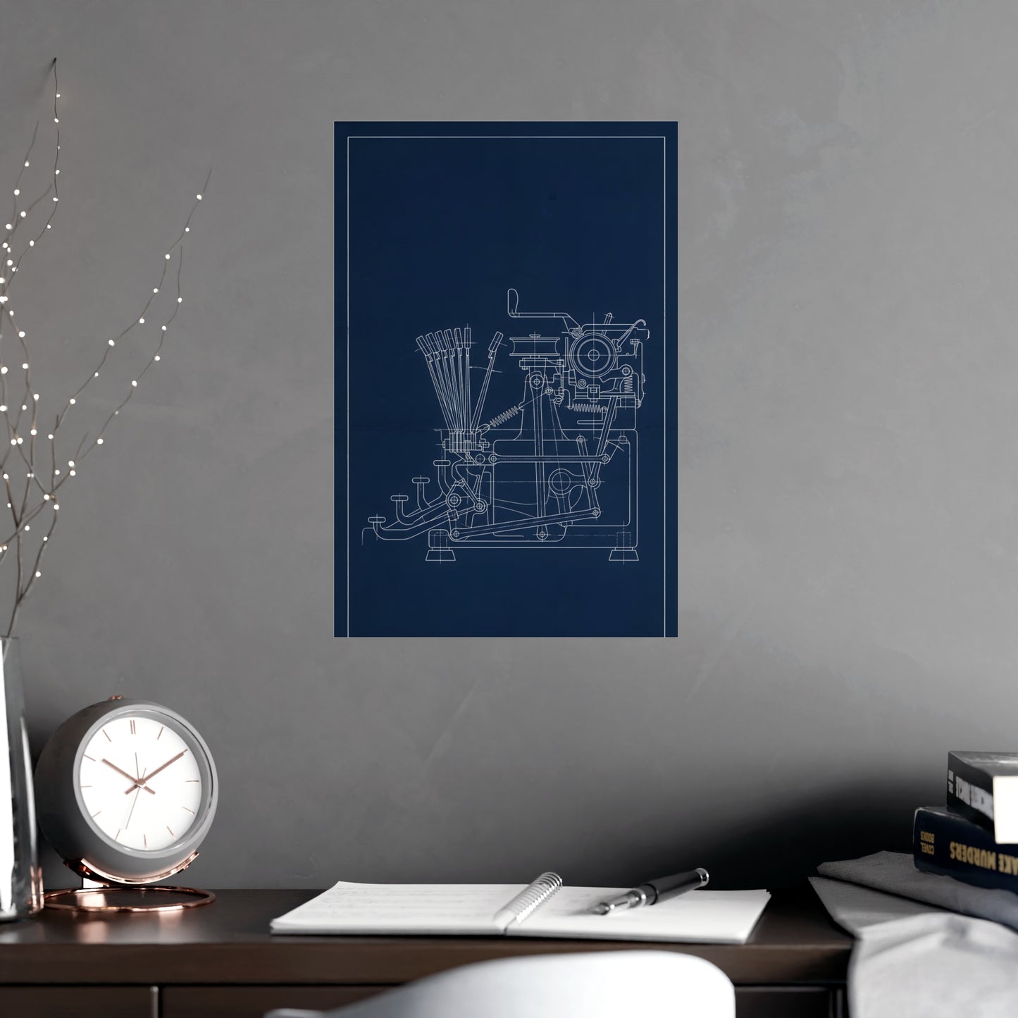 Typewriter Linkage hung above a desk with a clock and notebook, 12x18 in print