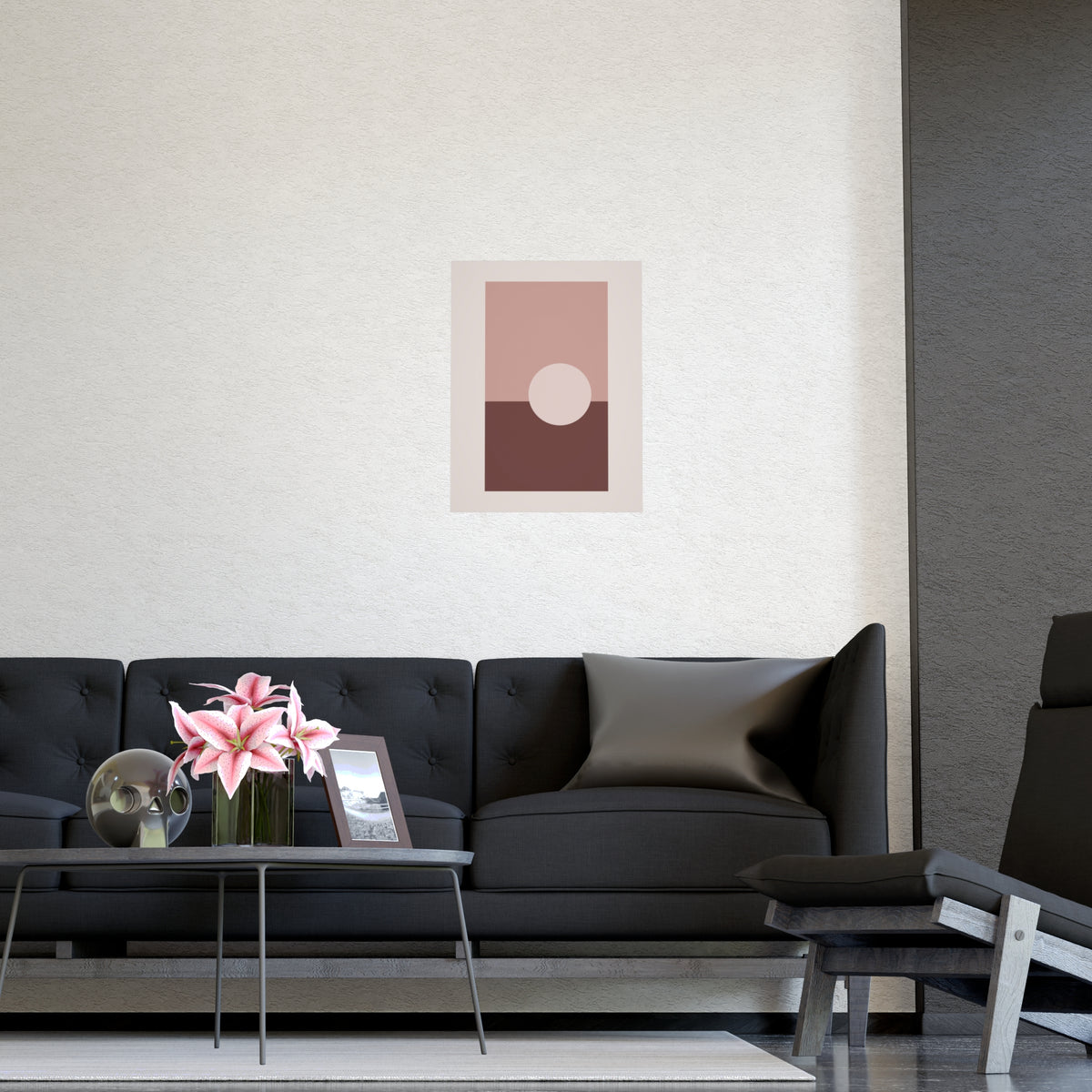 Dusty Rose Sun Landscape Wall Art — sun landscape in a dusty rose palette, shown framed on a wall