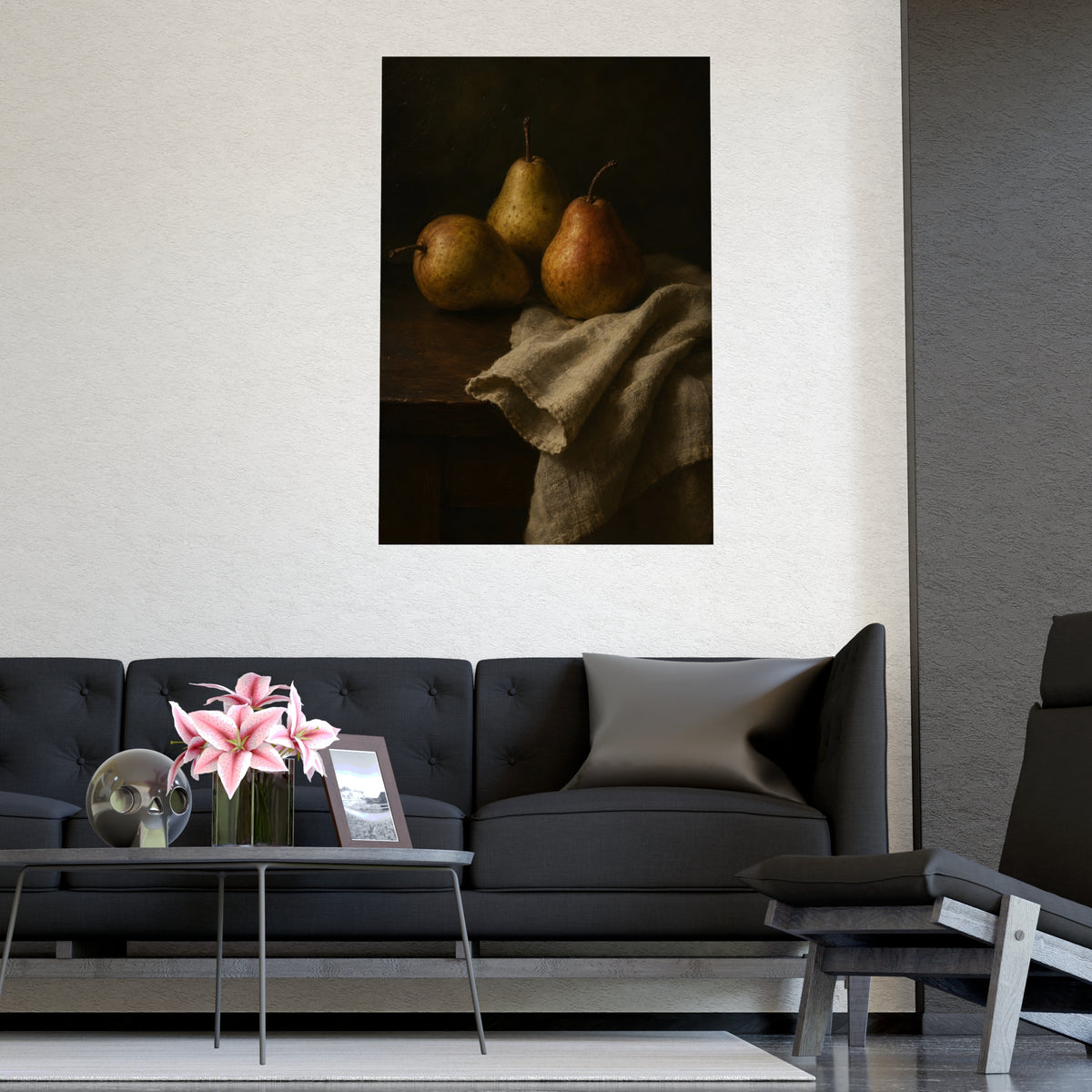 Three Pears — three pears, shown framed on a wall