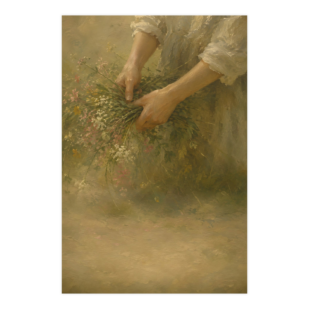 Hands and Wildflowers — a woman's hands gathering wildflower stems into a bundle, cropped at the forearms so no face is in fr
