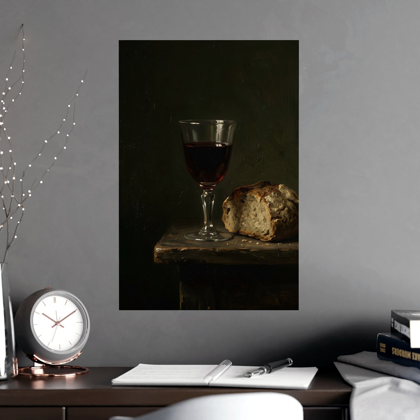 Wine and Bread framed on a cream wall in a living room, 16x24 in print