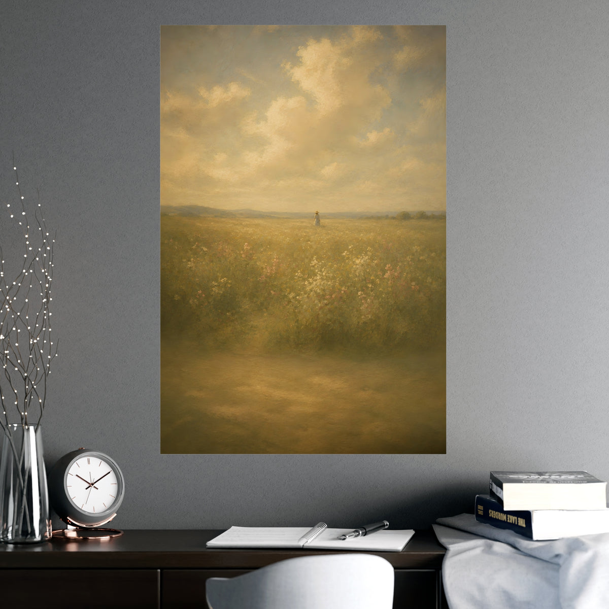 Small in the Field — a single figure very small and far off in a wide wildflower field under a wide summer sky, shown framed
