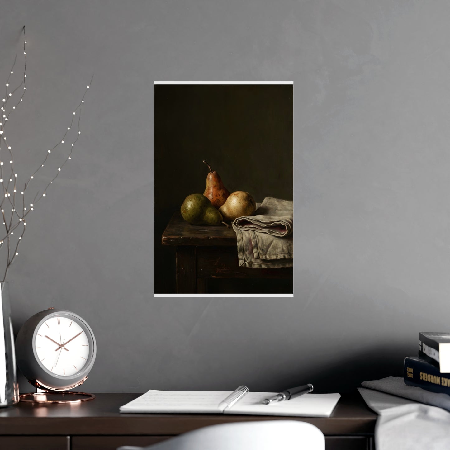 Three Pears framed on a cream wall in a living room, 11x17 in print