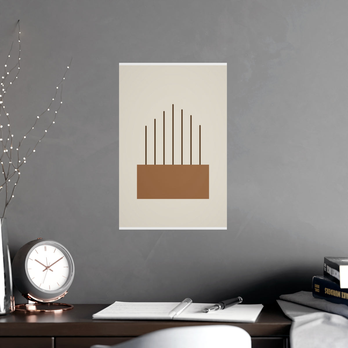 Warm Earth Lines Boho Wall Art — lines in a warm earth palette, shown framed on a wall