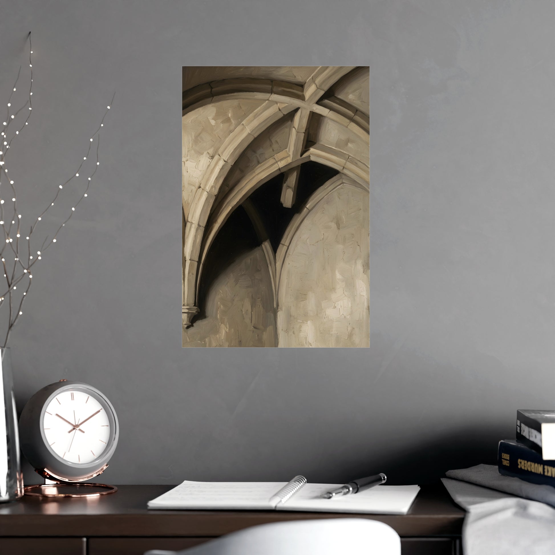 Vaulted Ceiling on a living room wall beside a tall vase, 12x18 in print