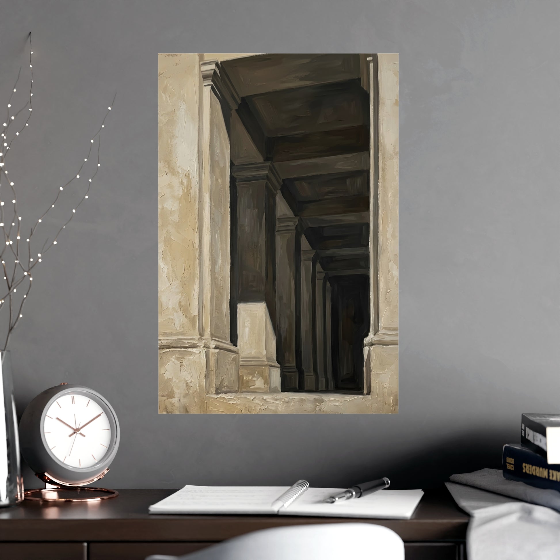Colonnade framed on a cream wall in a living room, 18x24 in print