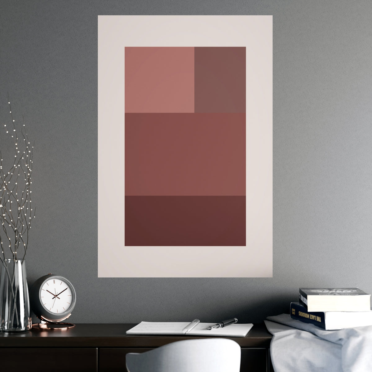 Dusty Rose Blocks Modern Wall Art — blocks in a dusty rose palette, shown framed on a wall