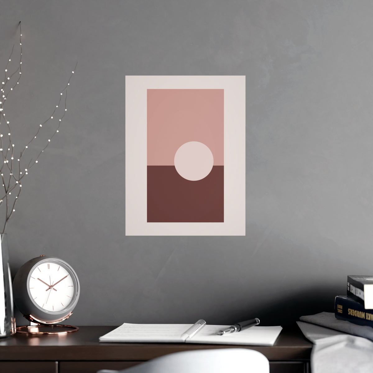 Dusty Rose Sun Landscape Wall Art — sun landscape in a dusty rose palette, shown framed on a wall