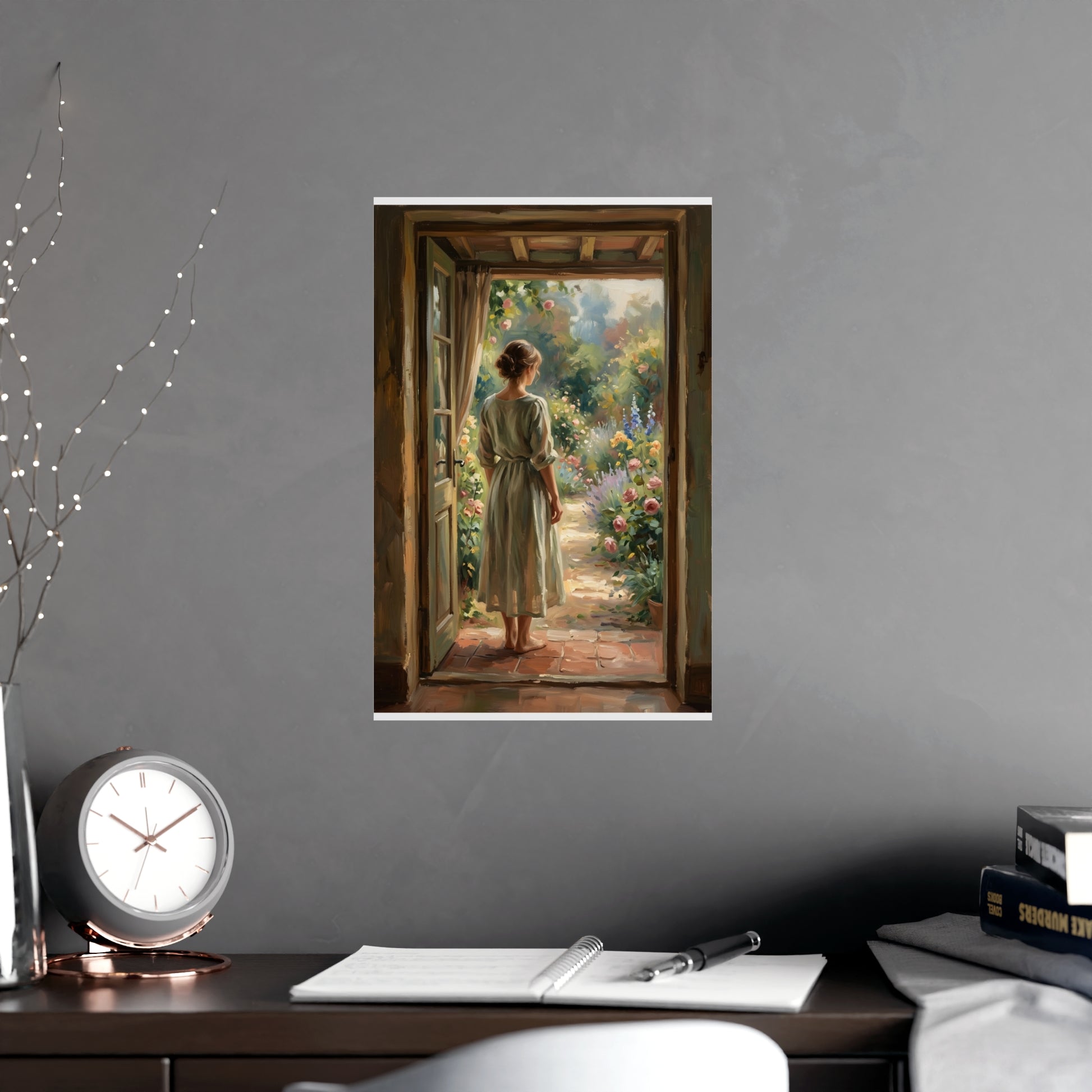 Doorway to the Garden on a living room wall beside a tall vase, 11x17 in print