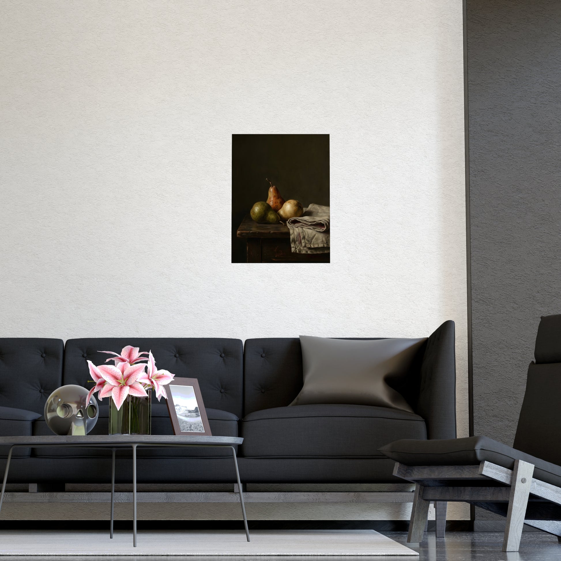Three Pears framed on a cream wall in a living room, 11x17 in print