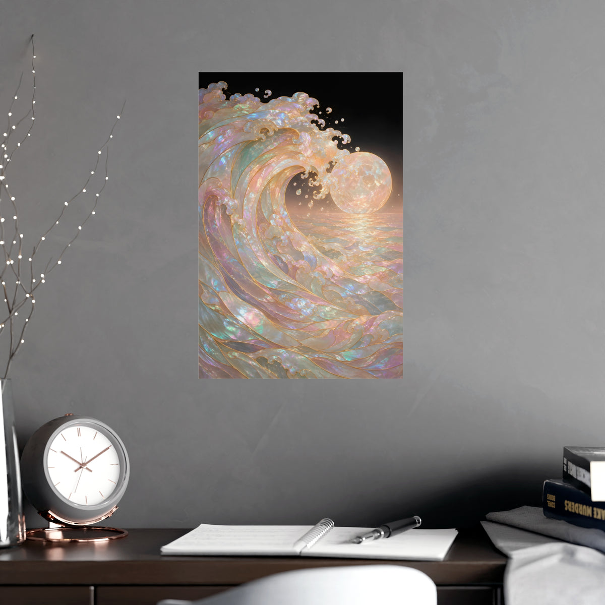 Wave and Moon — wave and moon, shown framed on a wall