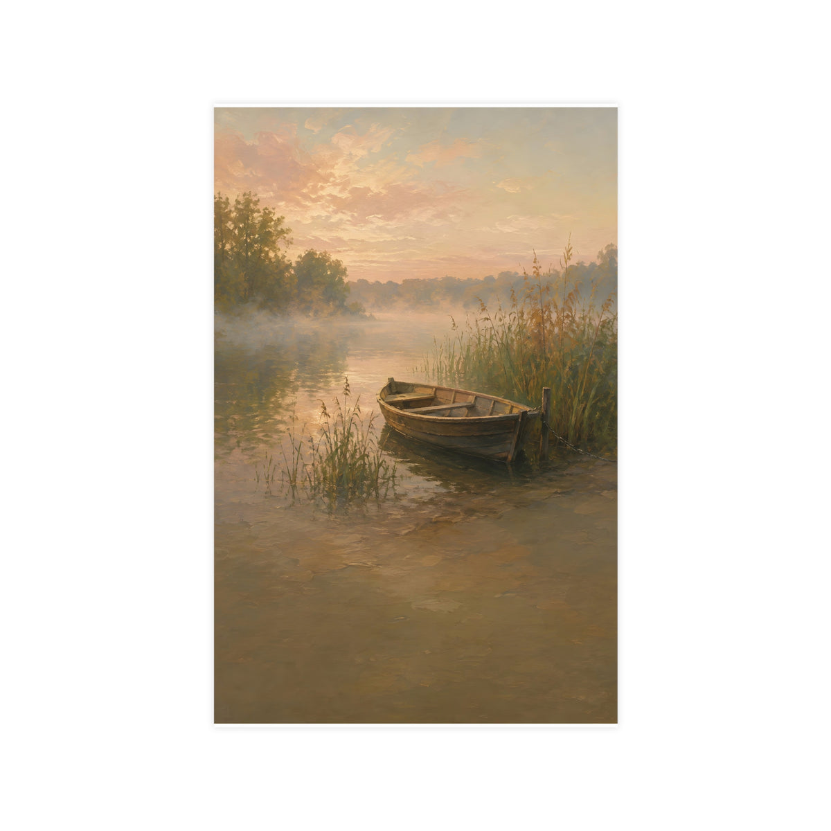 Rowboat at Dawn — a wooden rowboat moored among reeds as mist rises off the water, 11x17 in print