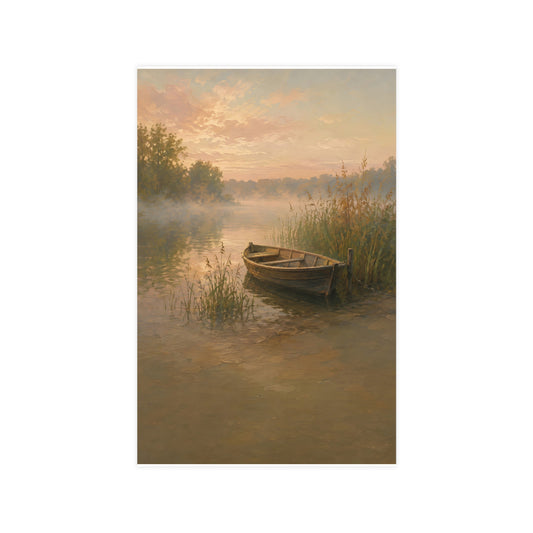 Rowboat at Dawn — a wooden rowboat moored among reeds as mist rises off the water, 11x17 in print
