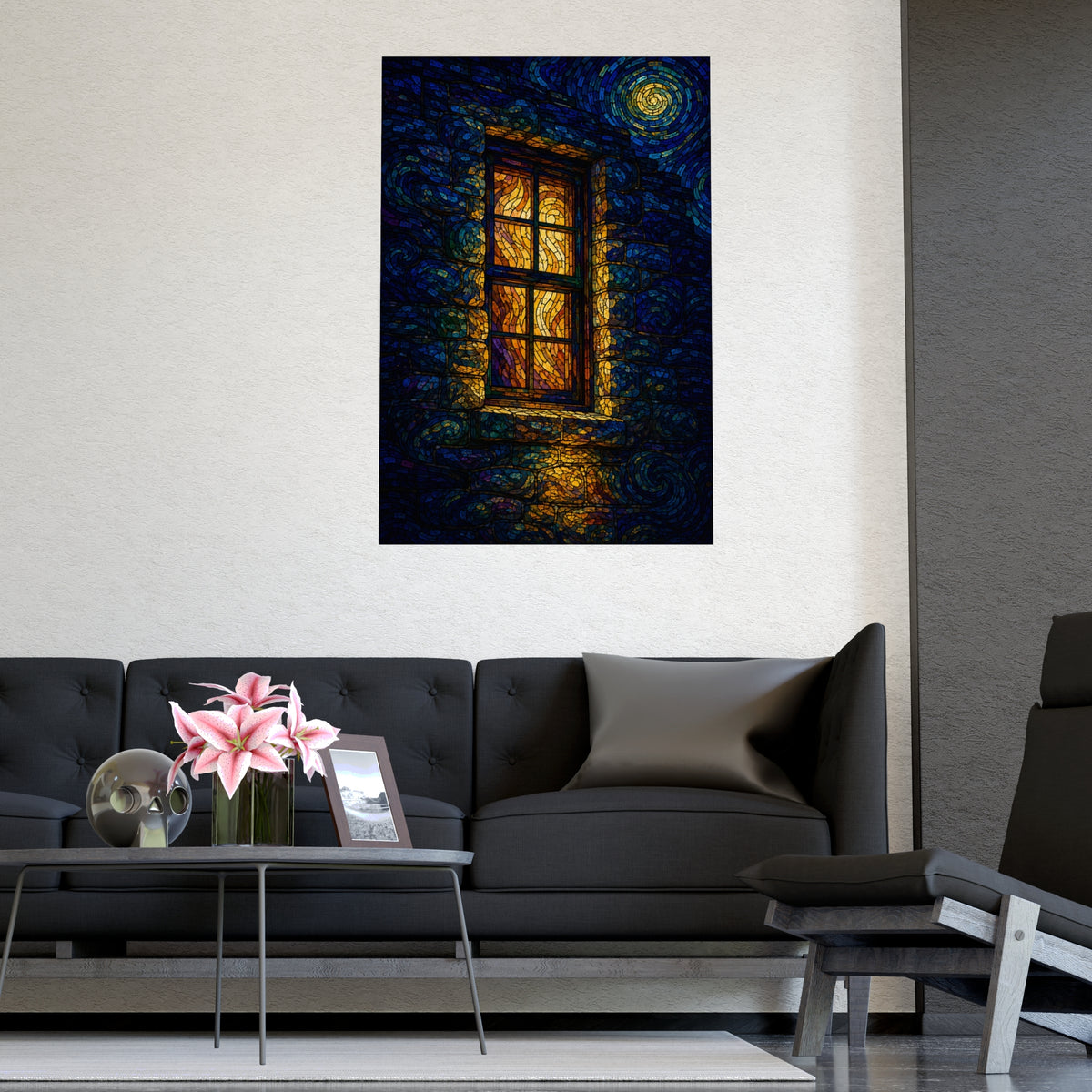 One Lit Window — one lit window, shown framed on a wall
