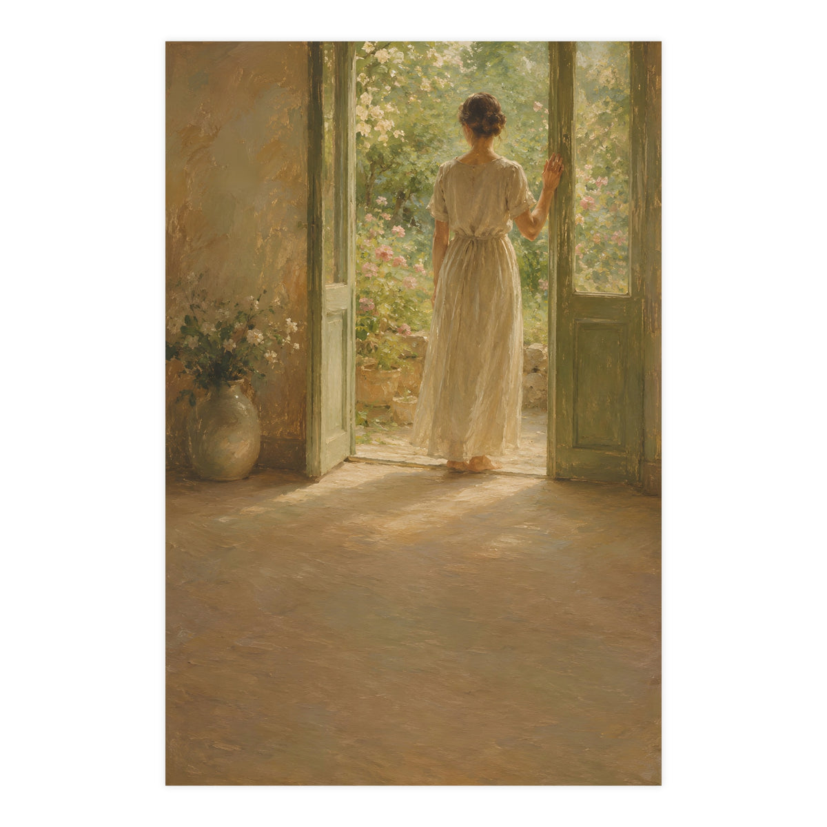 Doorway to the Garden — a woman in a linen dress standing in an open doorway looking out to a summer garden, 24x36 in print