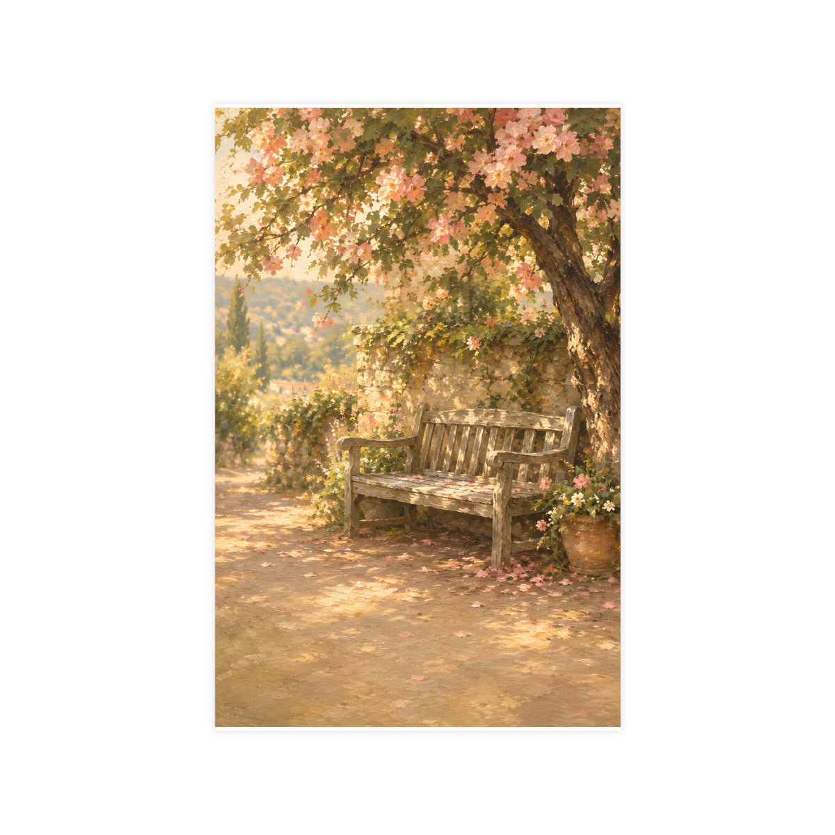 Bench Under Blossom — a weathered wooden bench under a flowering tree in a quiet garden, 11x17 in print
