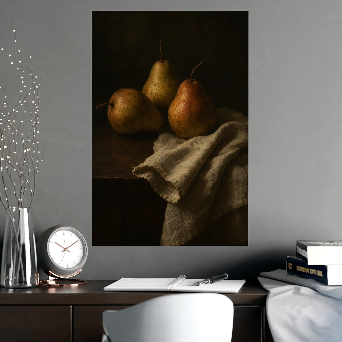 Three Pears — three pears, shown framed on a wall