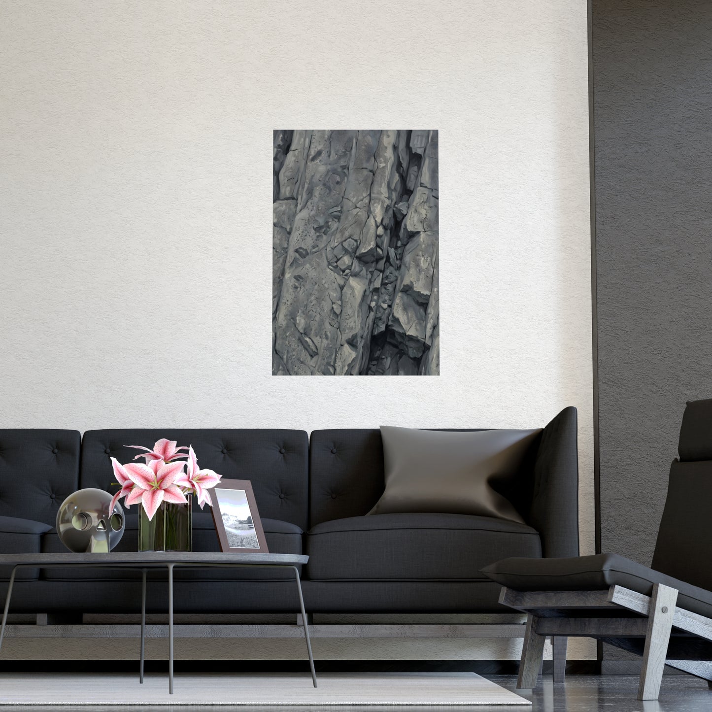 Rock Face framed on a cream wall in a living room, 16x24 in print