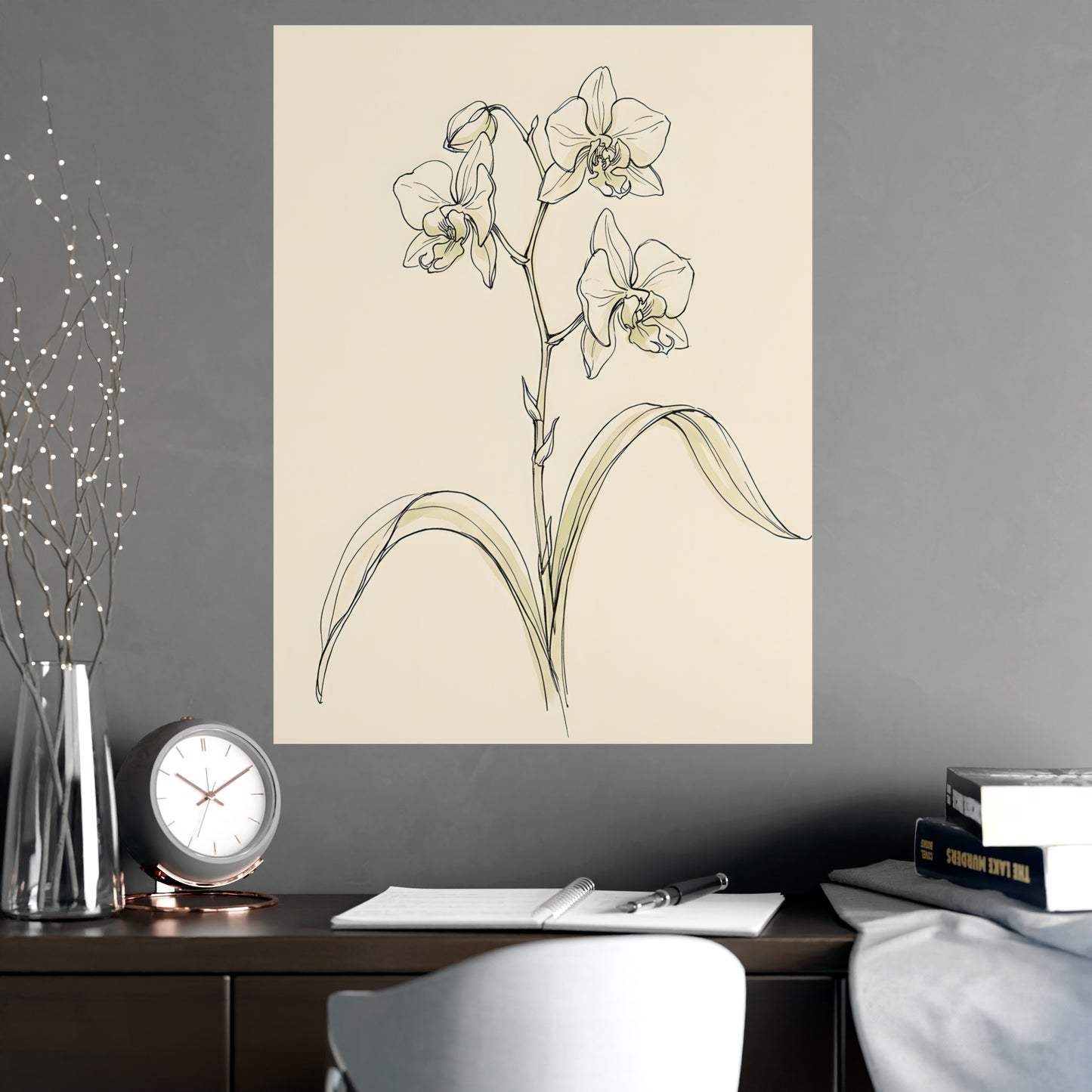Orchid on a living room wall beside a tall vase, 18x24 in print