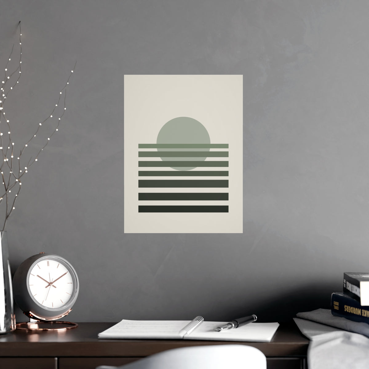 Sage Neutral Sunset Boho Wall Art — sunset in a sage neutral palette, shown framed on a wall