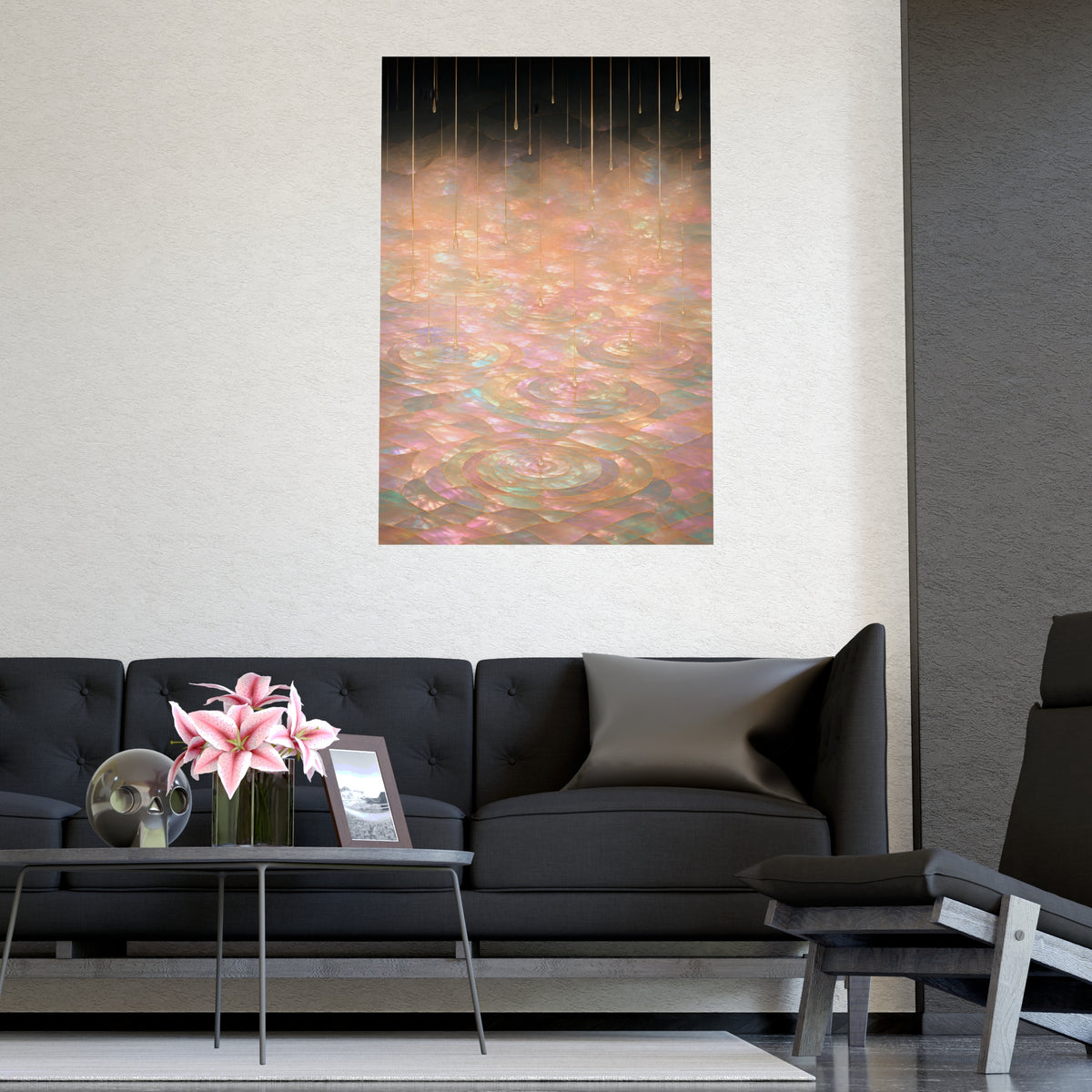 Rain on Still Water — rain on still water, shown framed on a wall