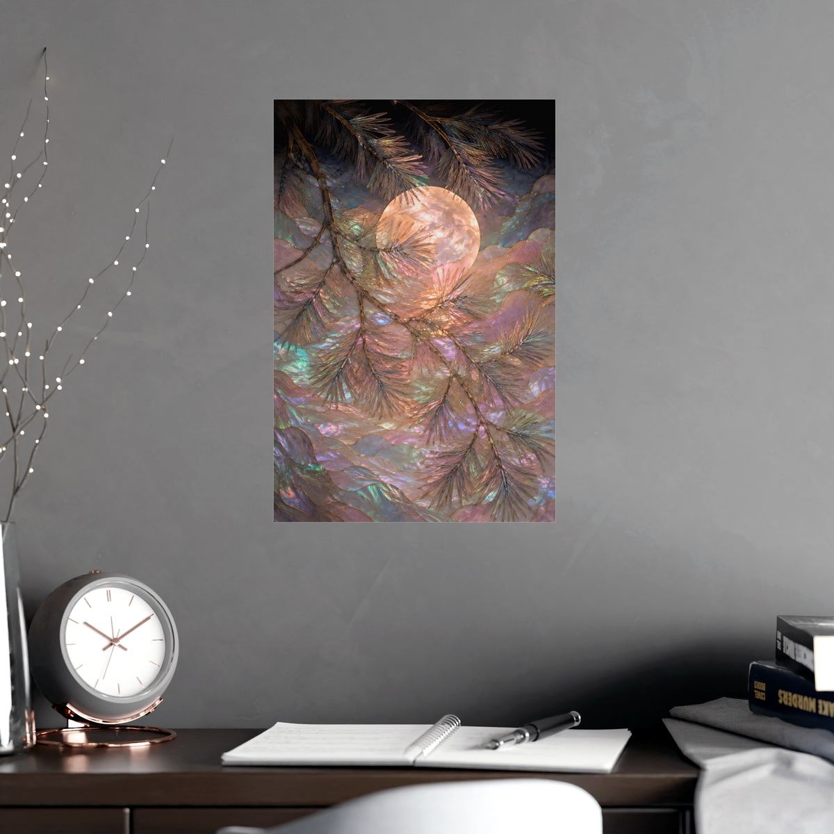 Moon behind Pines — moon behind pines, shown framed on a wall