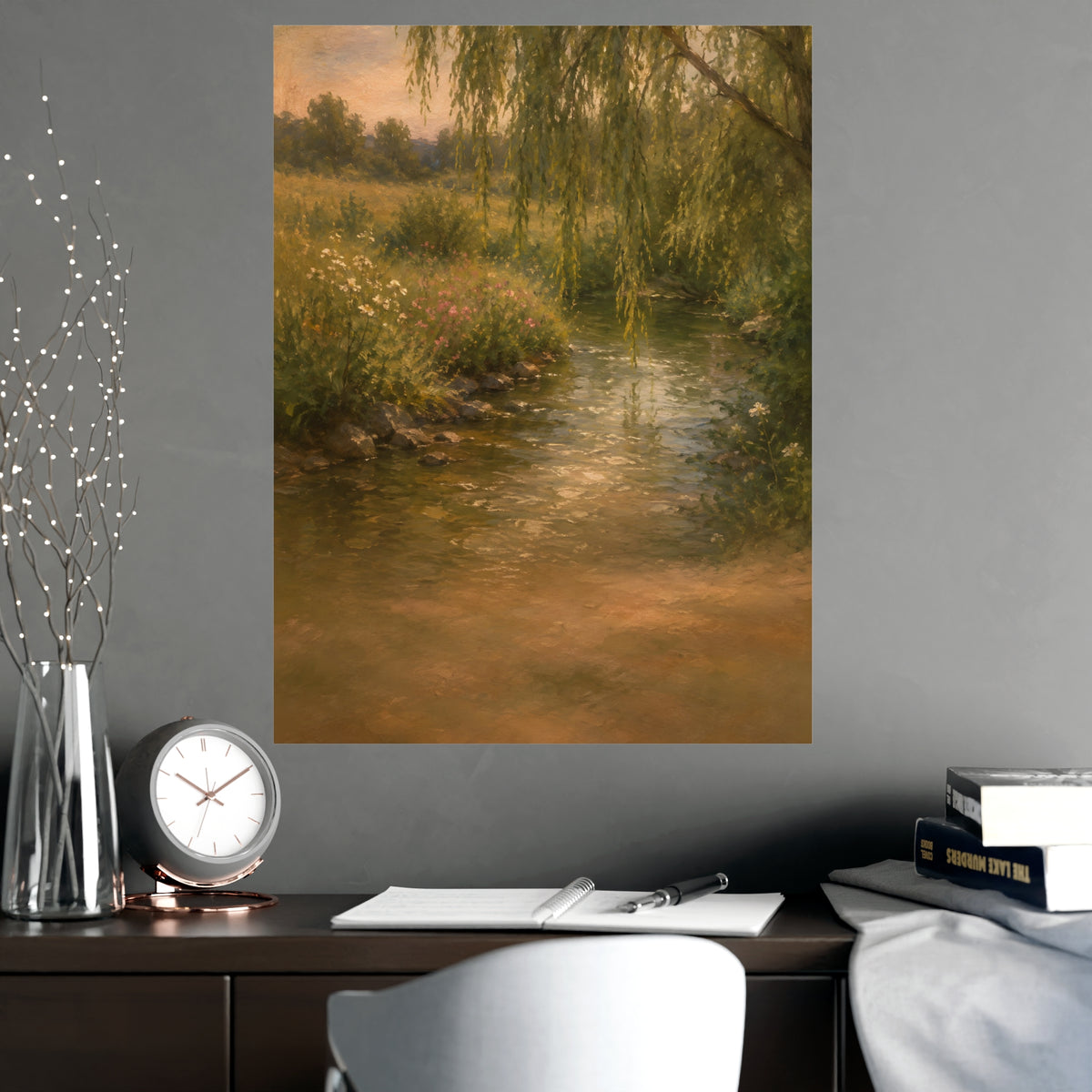 Willow Stream — a shallow stream winding through a meadow with willow branches trailing over the water, shown framed on a wal