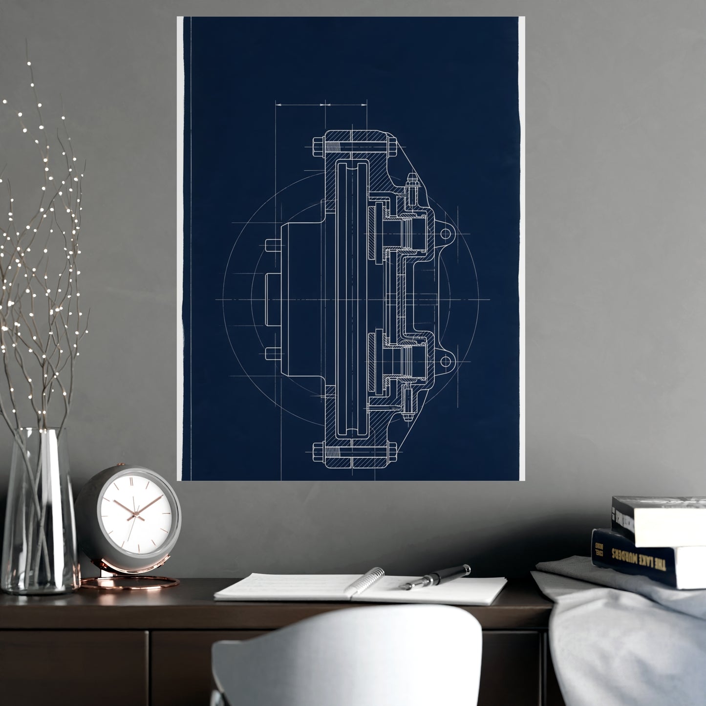 Disc Brake, in Section framed on a cream wall in a living room, 18x24 in print