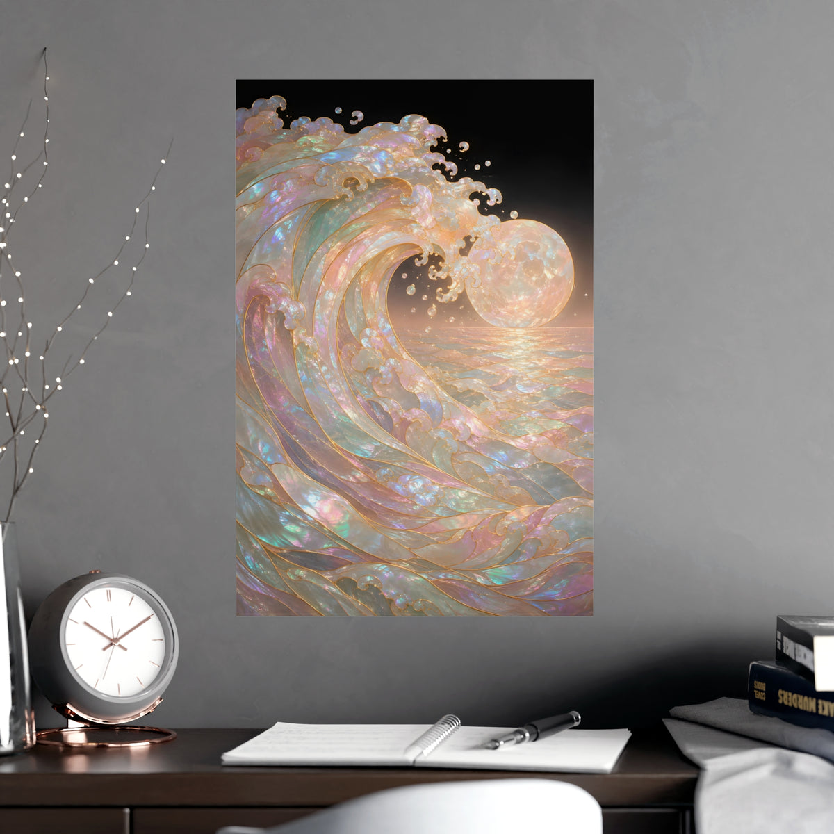 Wave and Moon — wave and moon, shown framed on a wall