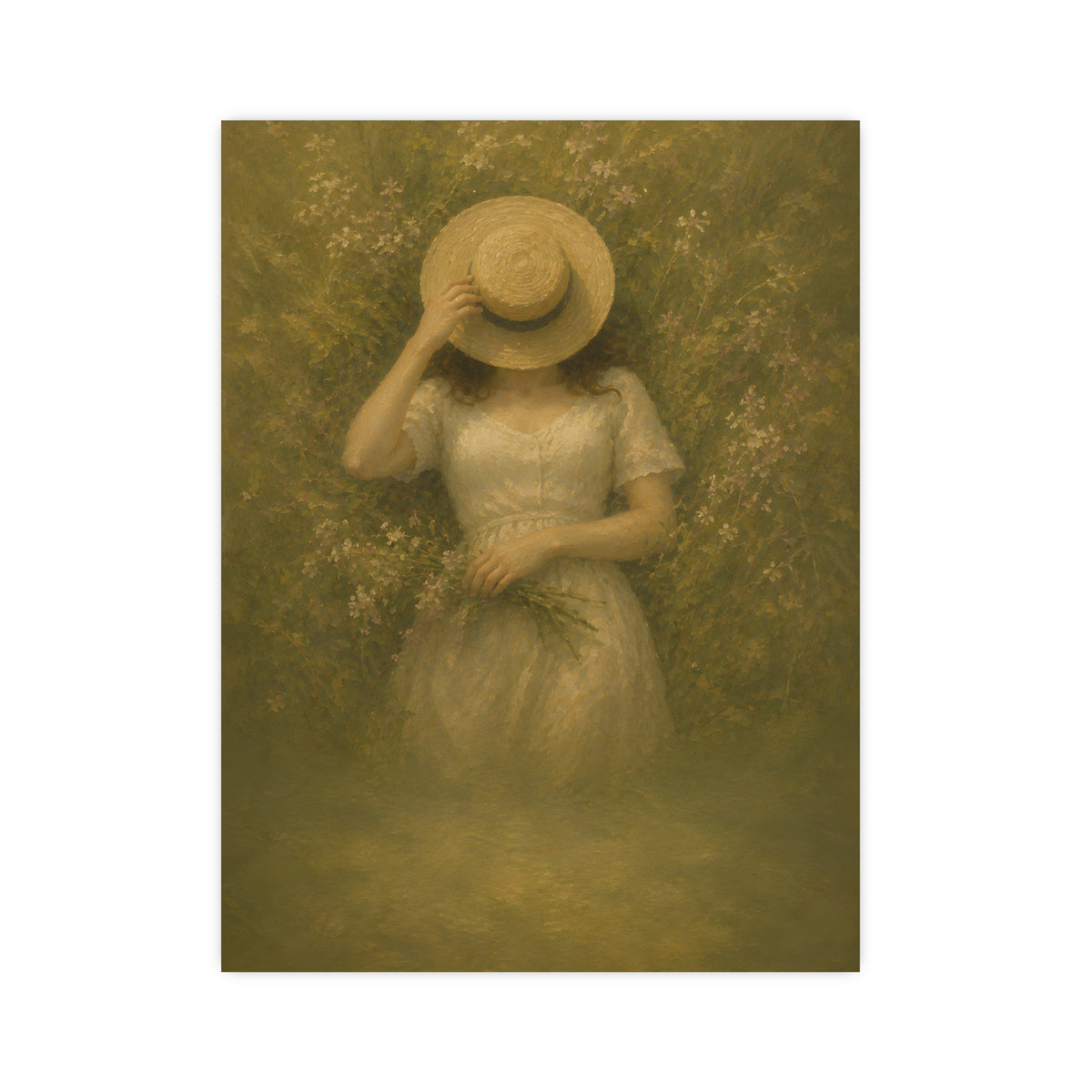 The Straw Hat — a woman lying in long grass seen from directly above, a straw hat laid over her face, 12x16 in print