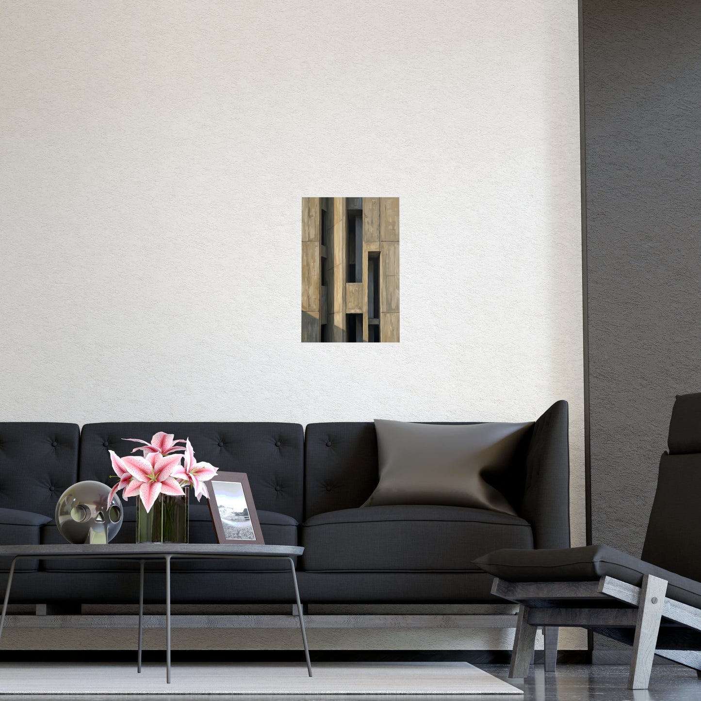 Facade at Dusk on a living room wall beside a tall vase, 12x16 in print