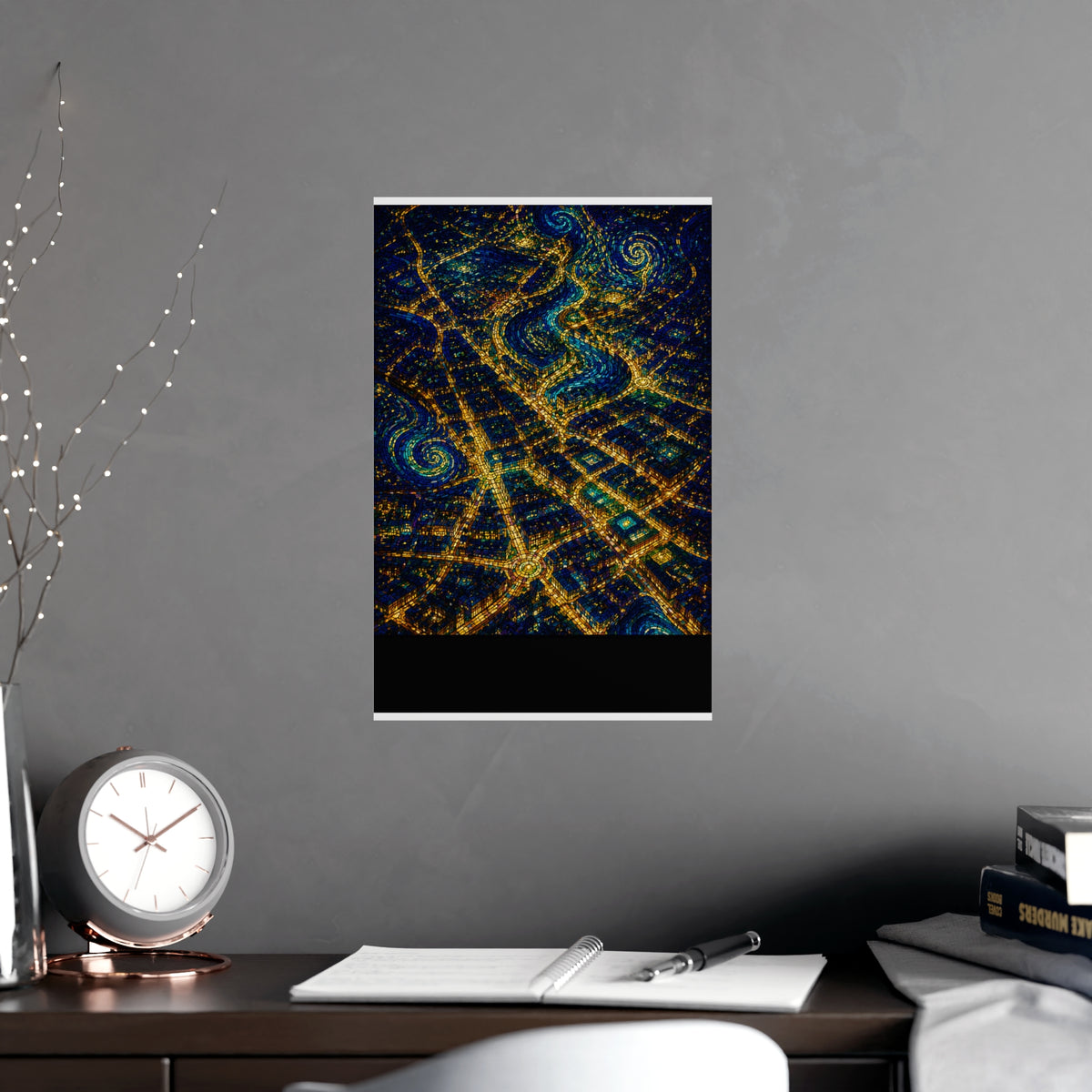 City from Above — city from above, shown framed on a wall