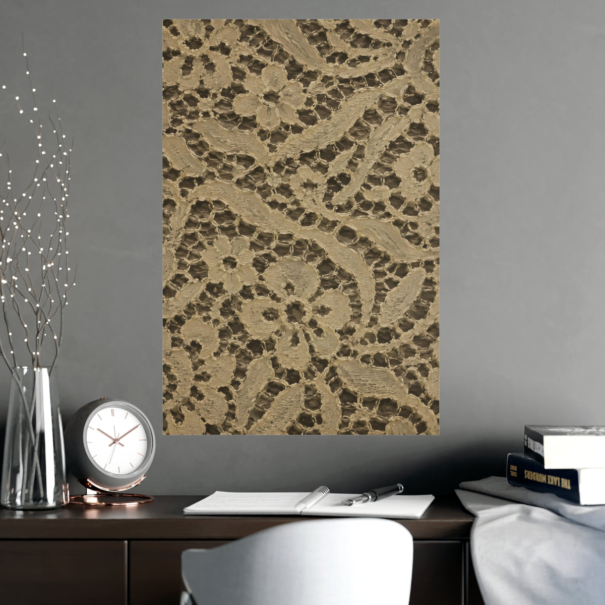 Lace over Dark — lace over dark, shown framed on a wall