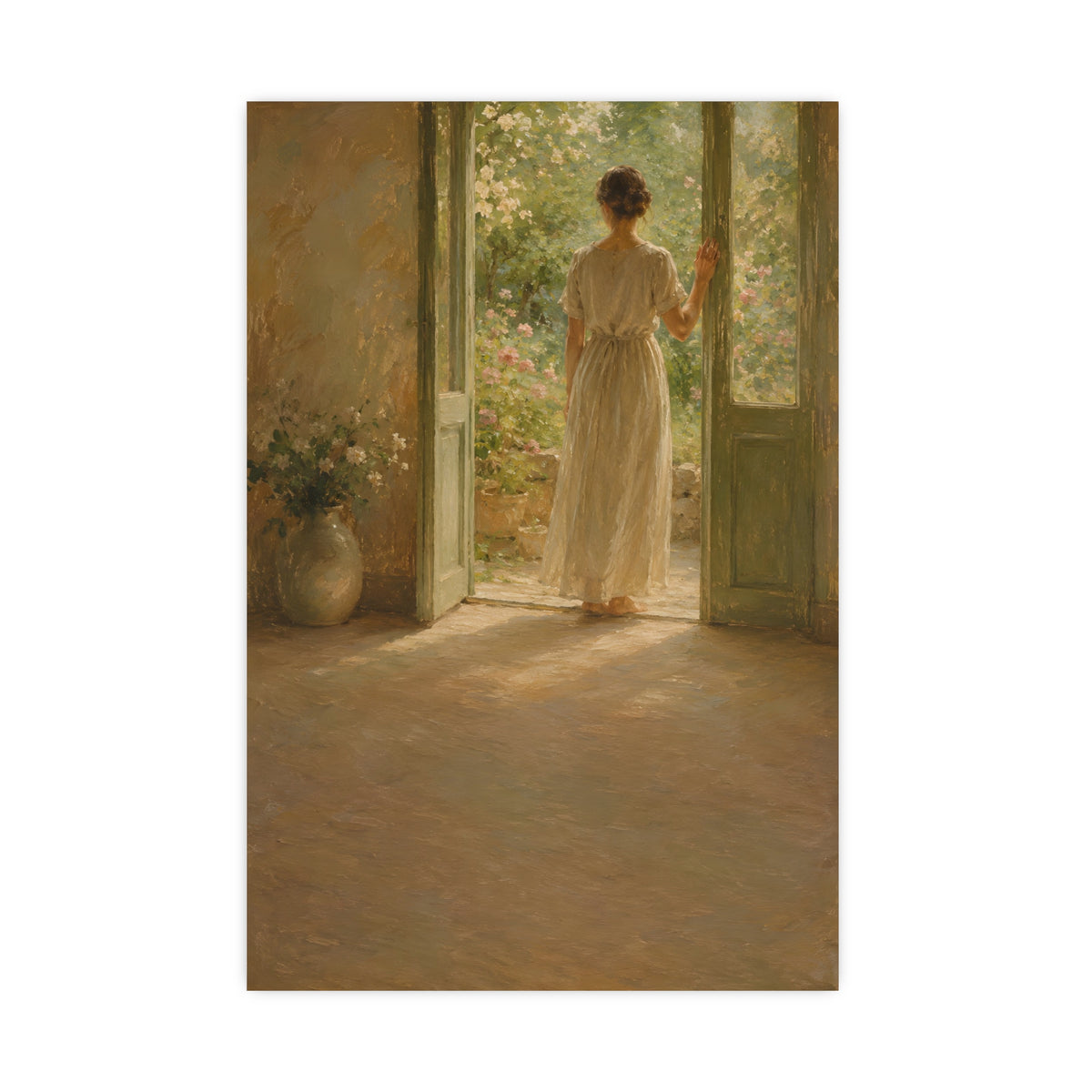Doorway to the Garden — a woman in a linen dress standing in an open doorway looking out to a summer garden, 20x30 in print