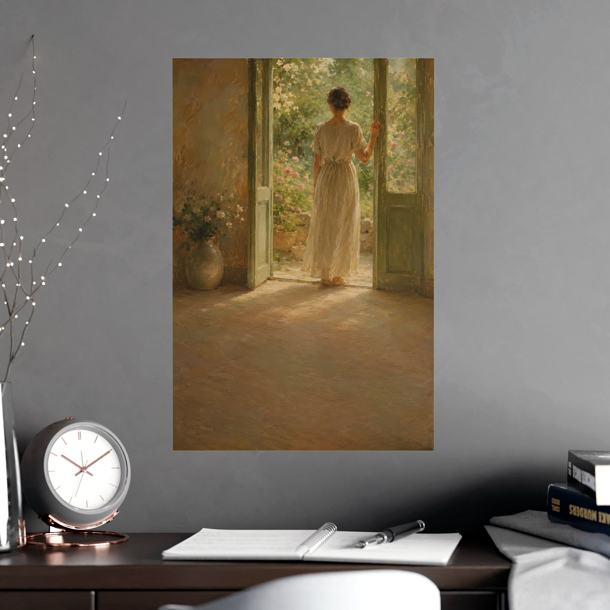 Doorway to the Garden — a woman in a linen dress standing in an open doorway looking out to a summer garden, shown framed on