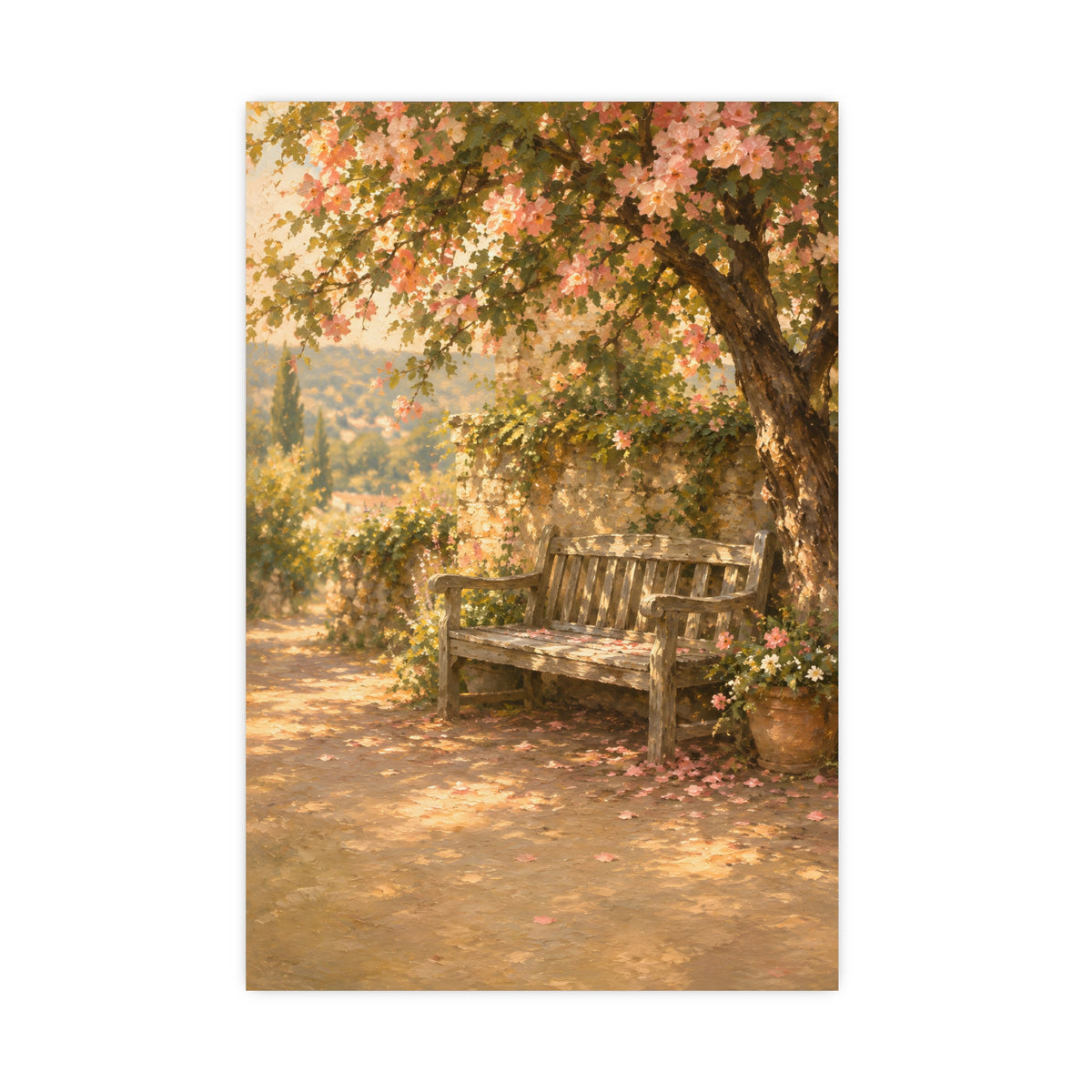 Bench Under Blossom — a weathered wooden bench under a flowering tree in a quiet garden, 16x24 in print