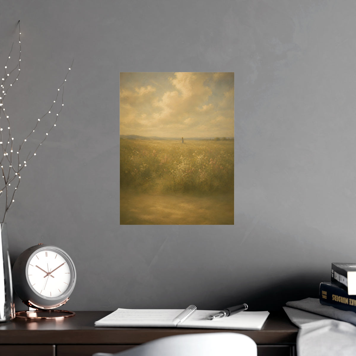Small in the Field — a single figure very small and far off in a wide wildflower field under a wide summer sky, shown framed