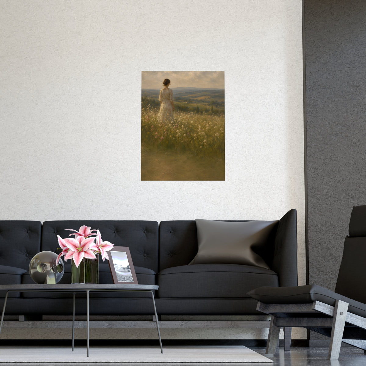Looking to the Hills — a woman at the edge of a wildflower field looking toward distant hills, shown framed on a wall