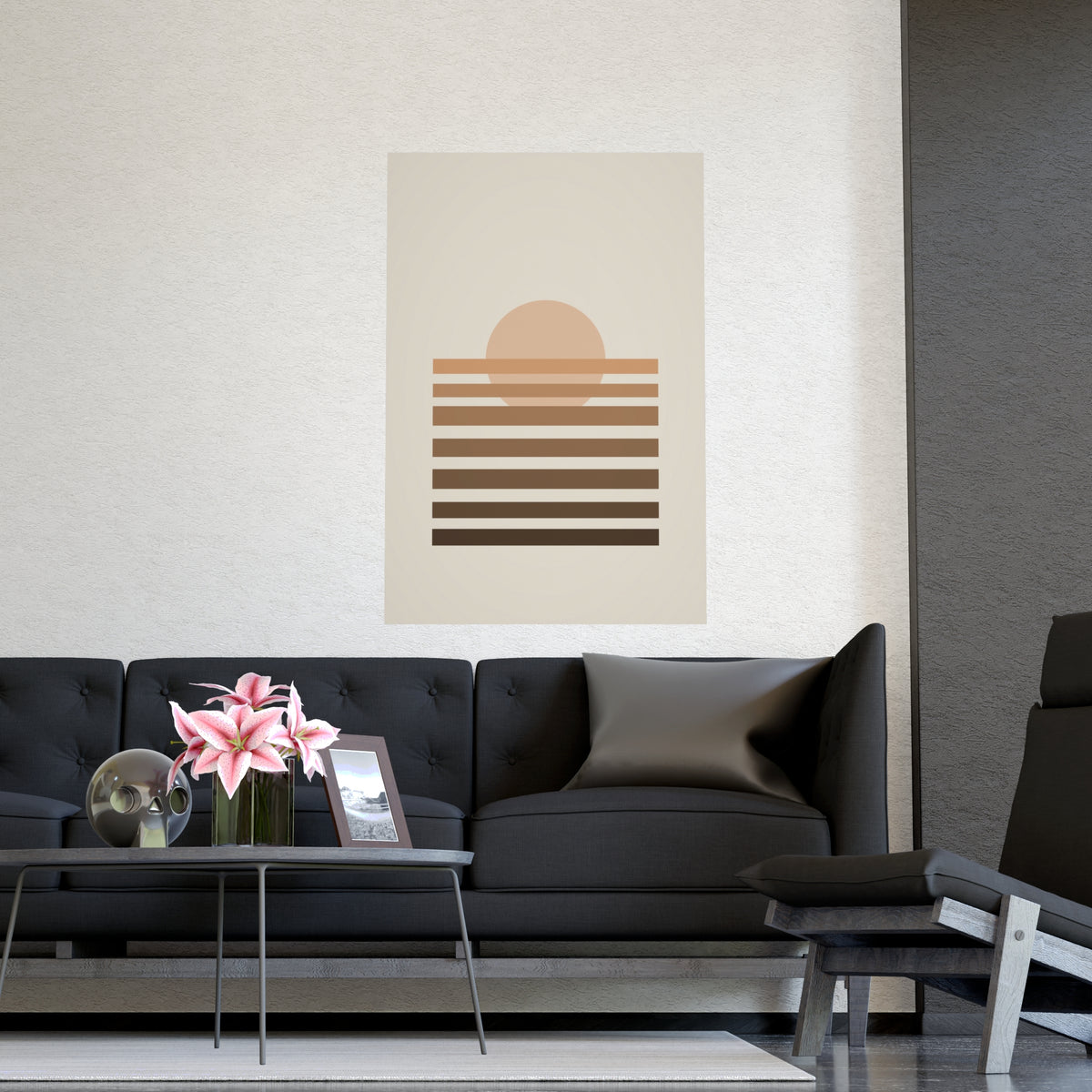 Warm Earth Sunset Boho Wall Art — sunset in a warm earth palette, shown framed on a wall