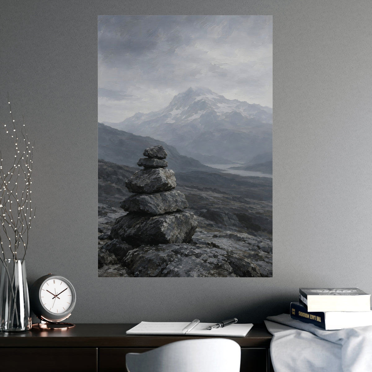 Cairn and Mountain — cairn and mountain, shown framed on a wall