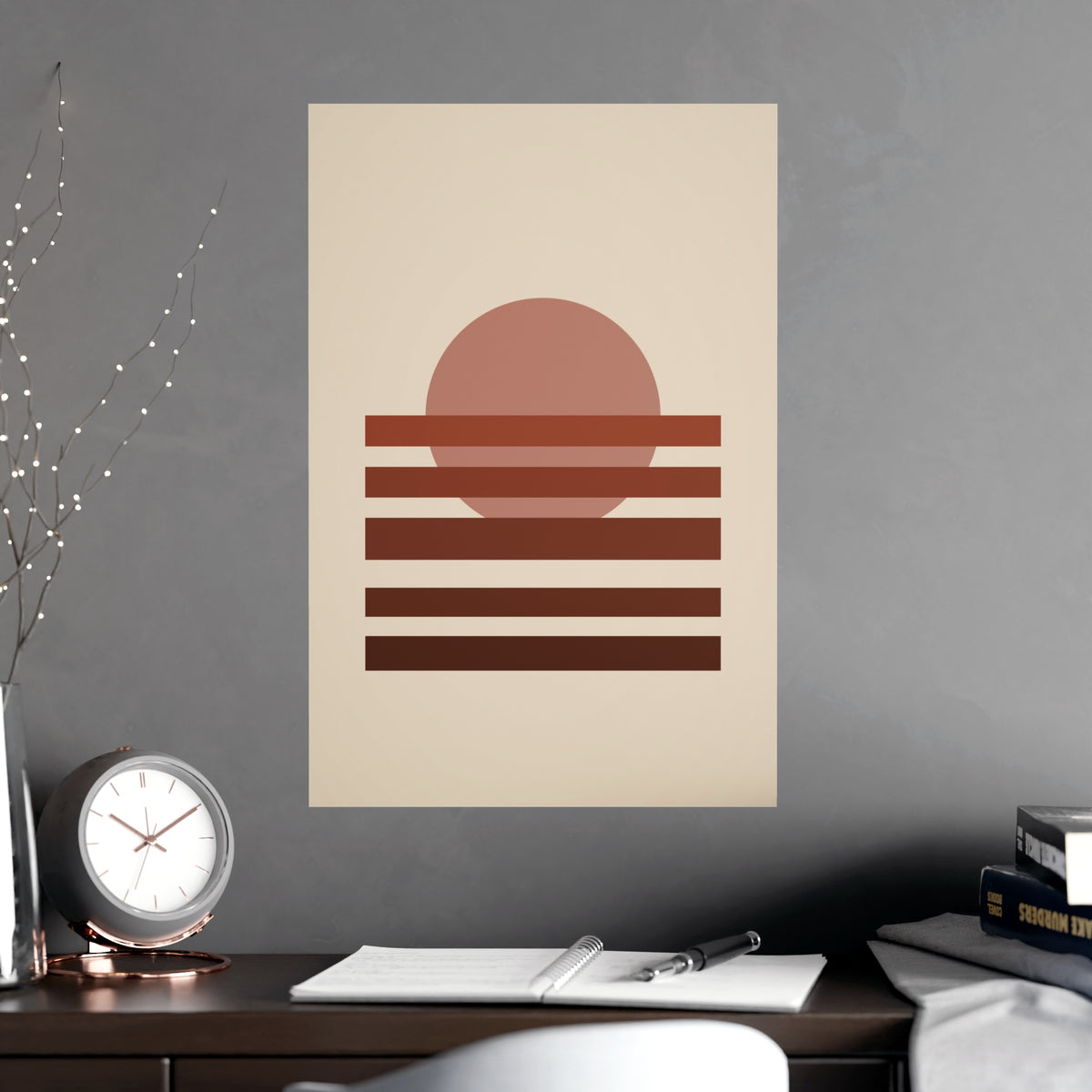 Muted 70s Sunset Landscape Wall Art — sunset landscape in a muted 70s palette, shown framed on a wall