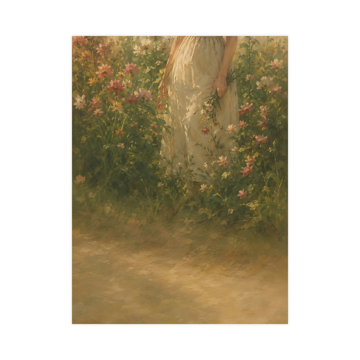In the Tall Flowers — a woman in a linen dress standing among tall summer flowers, the top of the frame cutting her off at th