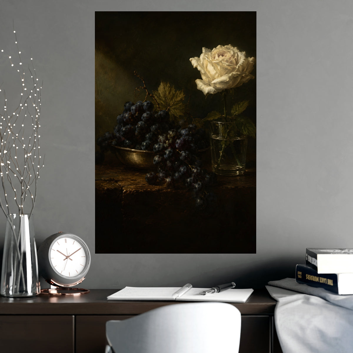 Grapes and a White Rose — grapes and a white rose, shown framed on a wall