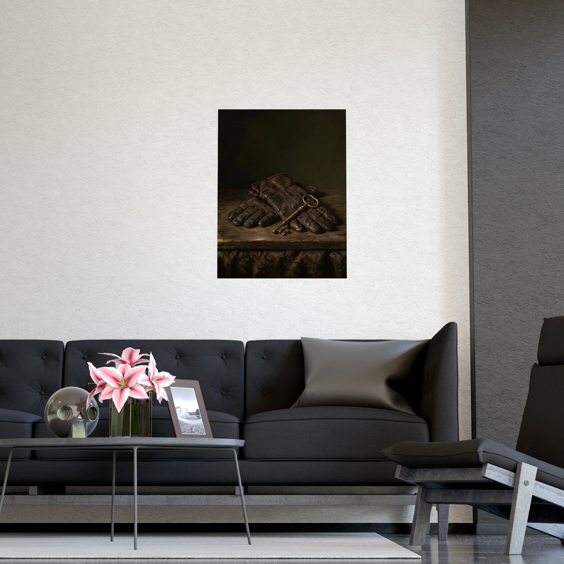 Gloves and a Brass Key on a living room wall beside a tall vase, 11x17 in print