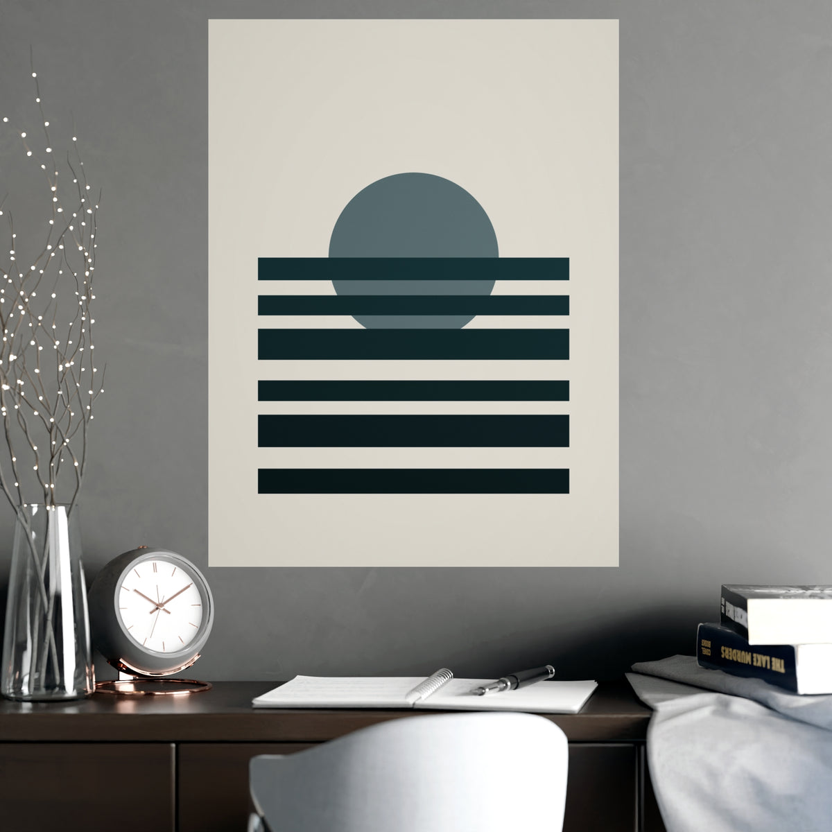 Deep Teal Sunset Landscape Wall Art — sunset landscape in a deep teal palette, shown framed on a wall