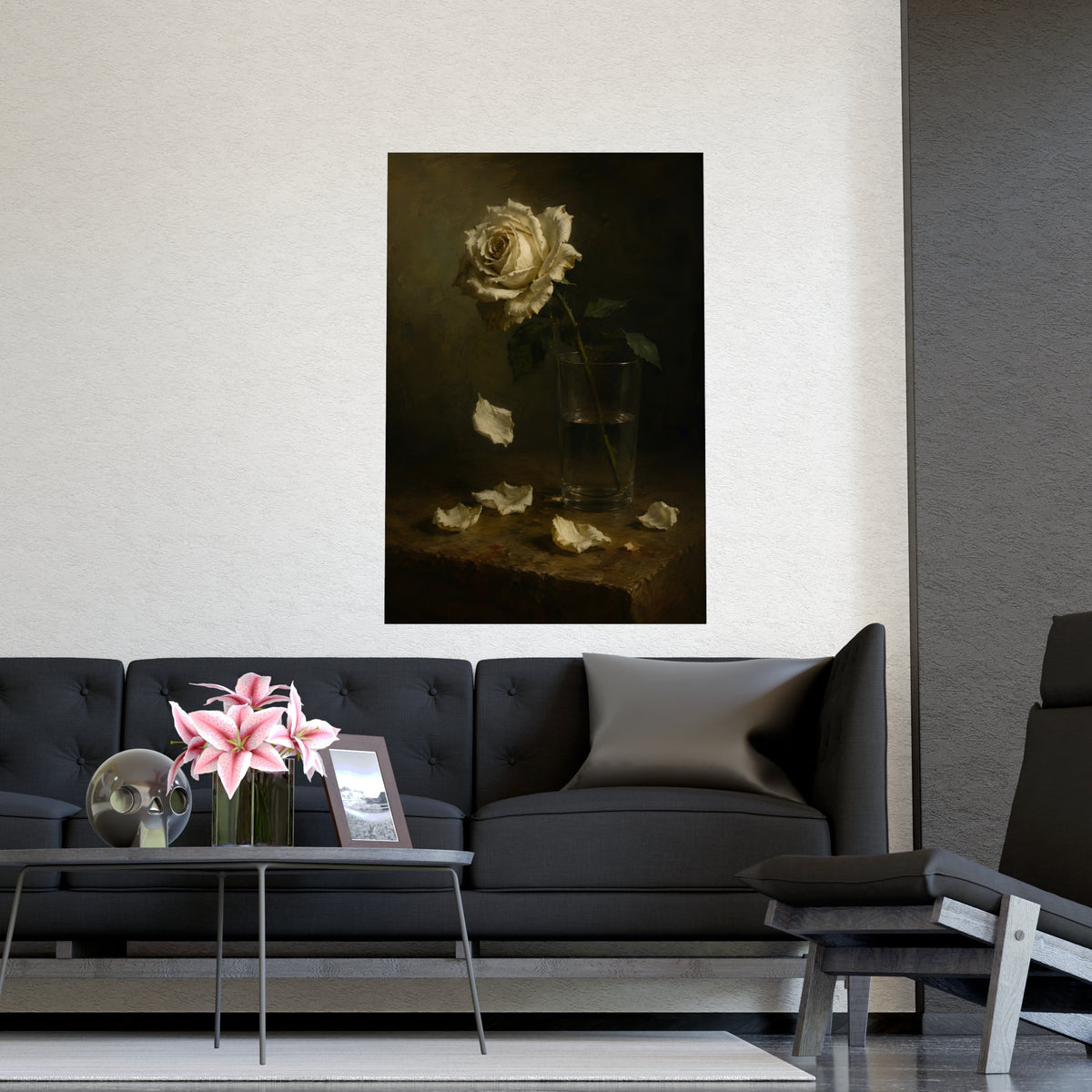 White Rose, Falling — white rose, falling, shown framed on a wall