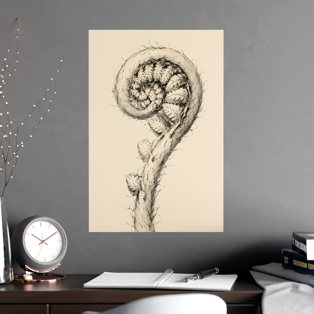 Fern, Still Curled — fern, still curled, shown framed on a wall