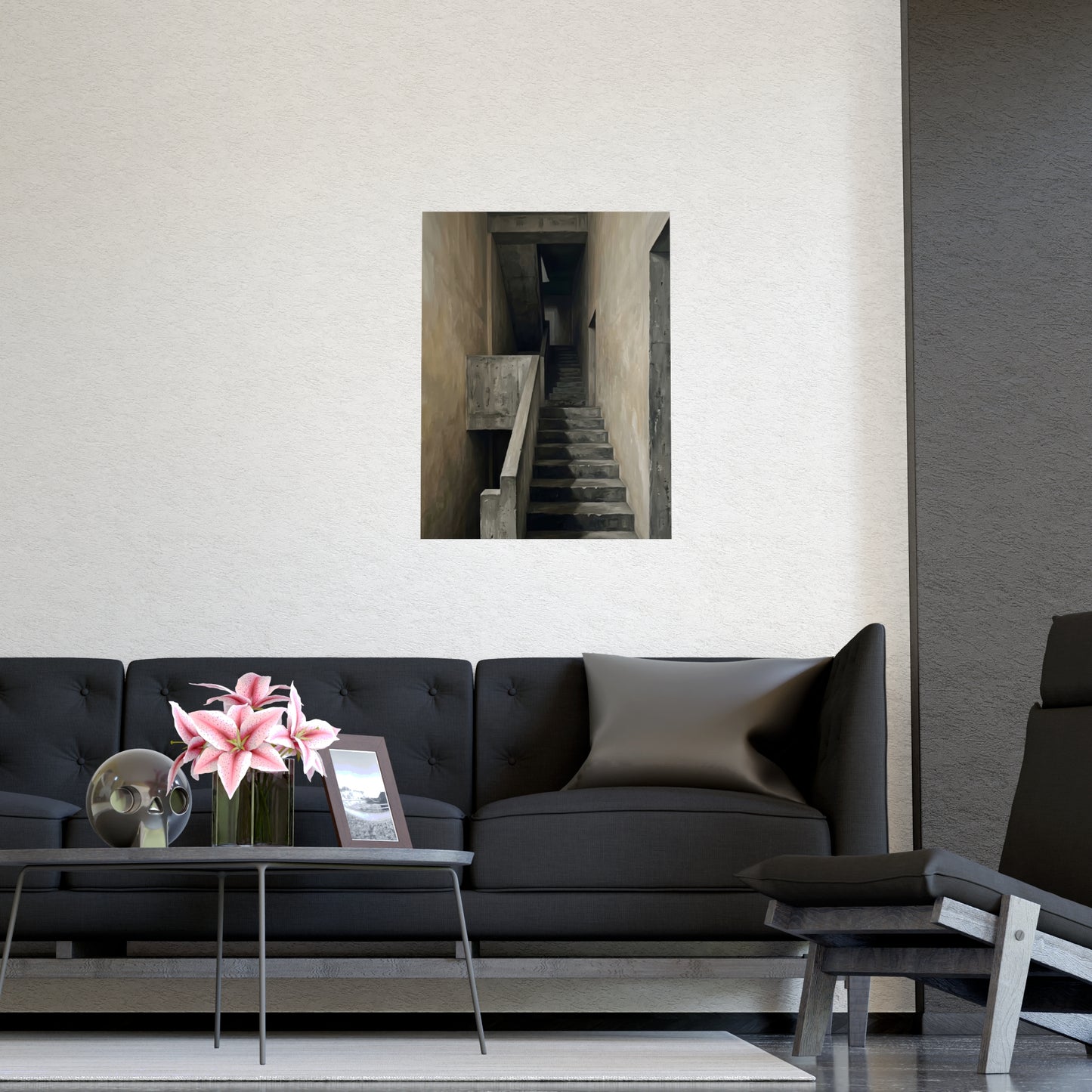 Concrete Stairwell hung on a grey wall above a dark sofa, 11x17 in print