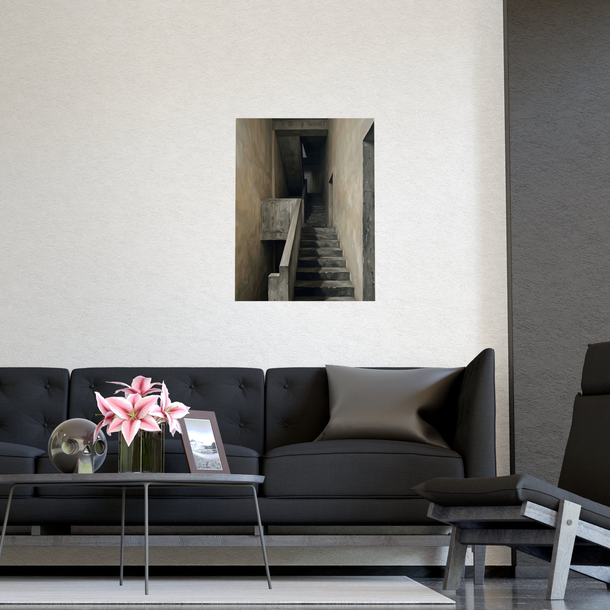 Concrete Stairwell hung on a grey wall above a dark sofa, 11x17 in print